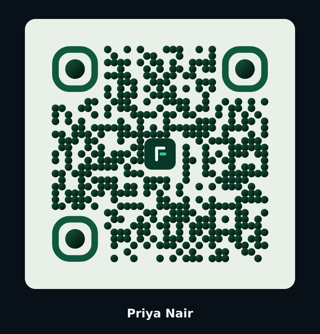 A Faydo Connect card: a QR code with the name Priya Nair underneath it.